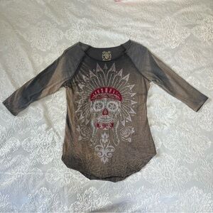Velvet Stone Rhinestone Embellished Skull 3/4 Sleeve Shirt Grey Size Medium